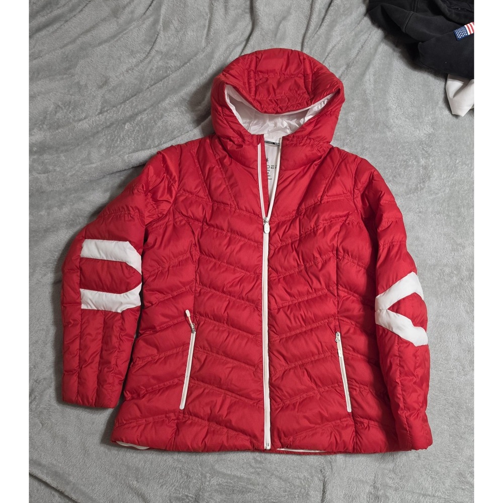 Spyder Puffer Jacket Women XL Red White Hood Full Zip Ski Quilted Synthetic Down